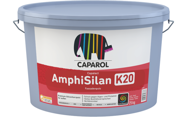 CAPAROL AmphiSilan Fassadenputz K 30 Weiß 25kg, Verarbeitungsfertiger Siliconharzputz, Wasserabweisend, Schutz vor Algen u. Pilzbefall