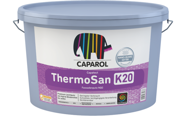 CAPAROL ThermoSan Fassadenputz NQG weiß 20KG, Siliconharzputz mit NQG für saubere Fassaden, Schutz vor Algen und Pilze,TÖNBAR