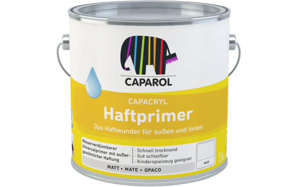 CAPAROL Capacryl Haftprimer weiß 0,75L, haftvermittelnde Universalgundierung für viele Untergründe, wasserverdünnbar, auch f. Kinderspielzeug