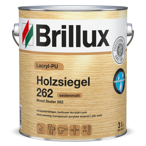 Brillux Lacryl-PU Holzsiegel 262 farblos, hochwertige, widerstandsf&auml;hige, gl&auml;nzende Lackierung, strapazierf&auml;hig, abriebfest, blockfest