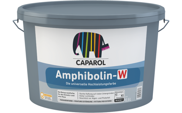 CAPAROL Amphibolin-W weiß 12,5L, Reinacrylat Hochleistungs-Außenfarbe, Schlagregendicht, wasserabweisend, Geschütz vor Algen- und Pilzbefall